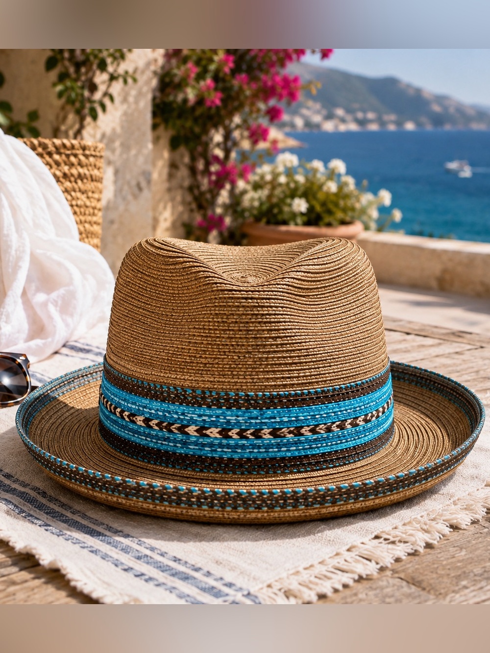 Eric Javits New York Woven Fedora Hat Brown Turquoise Packable - Picture 2 of 10